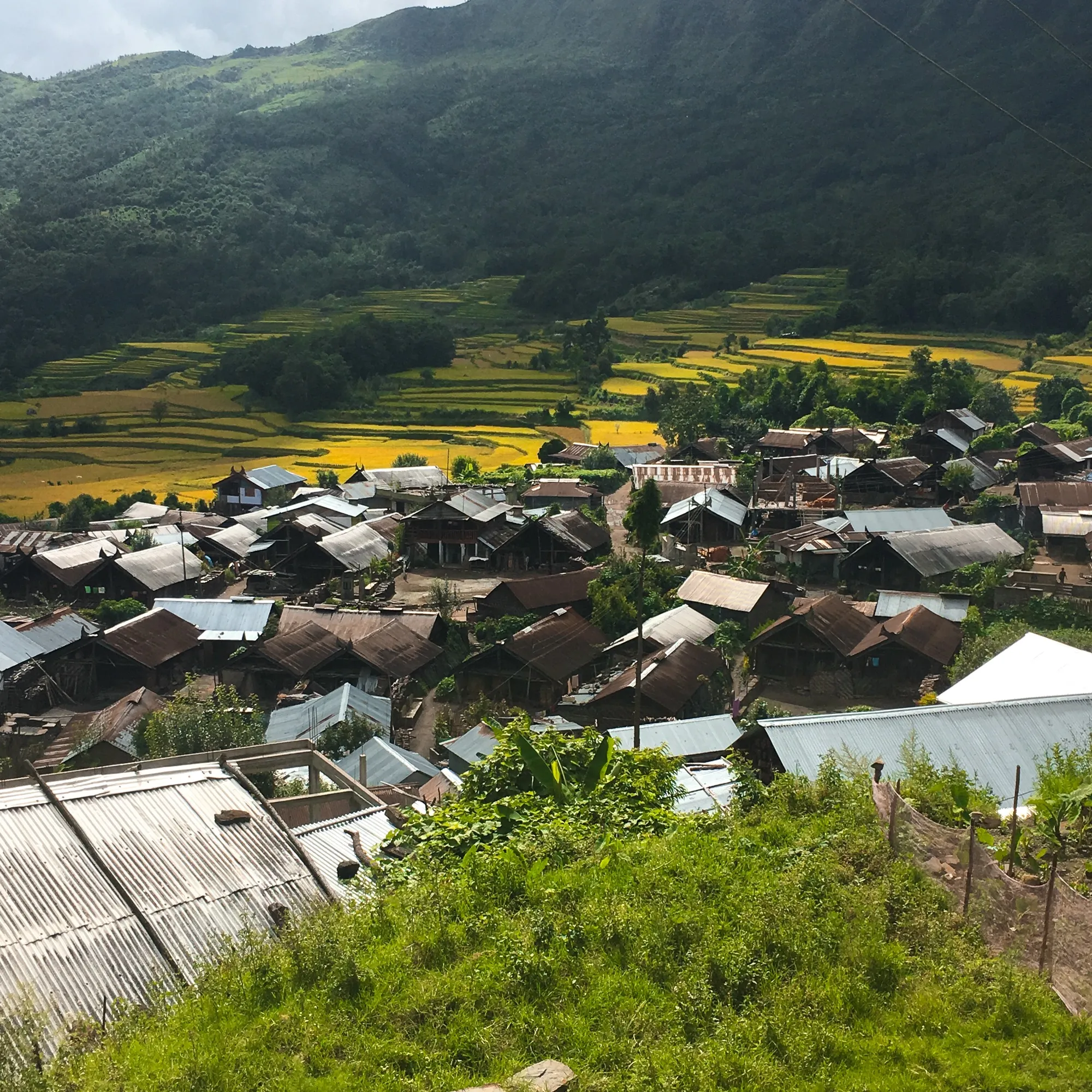 A hill village beside terraced fields in India